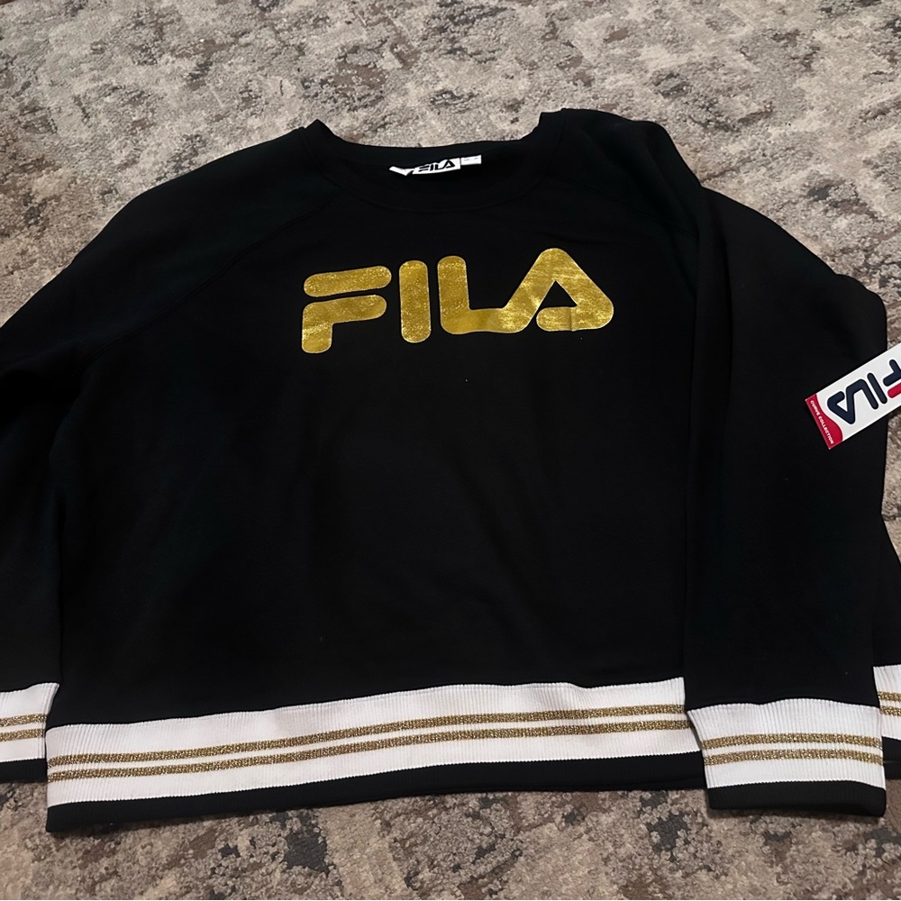 Fila Black Sweatshirt with Gold Logo and White Stripes
